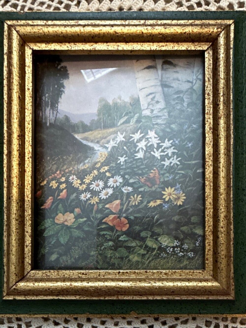 Aaron Brothers 4x5" Wood Photo Frame Gold/Green Floral Pattern Portrait Mountain